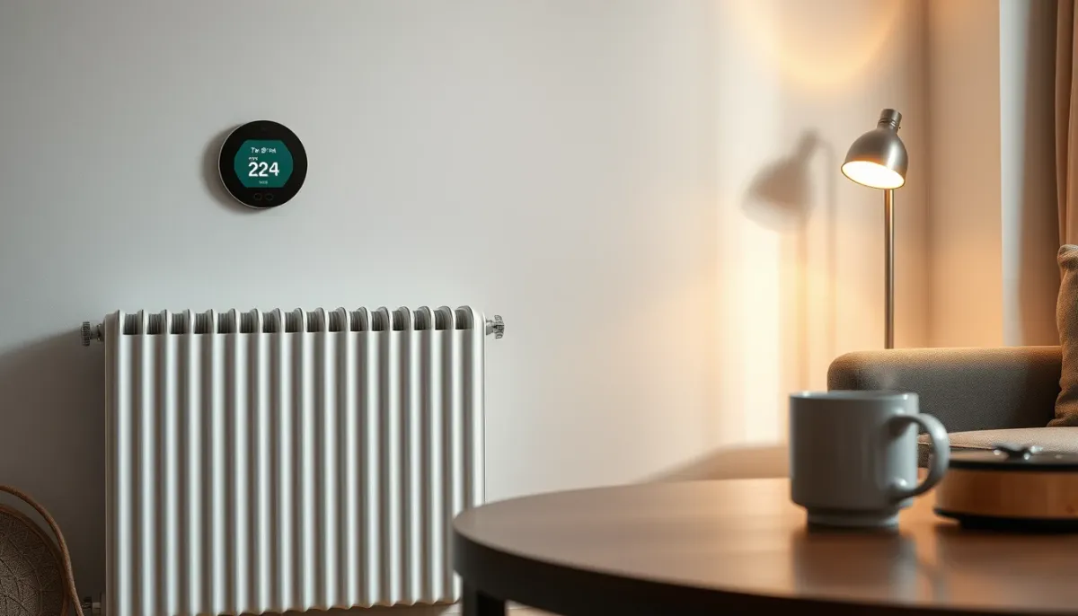 Salon confortable avec radiateur et thermostat intelligent, illustrant le confort d'un entretien régulier