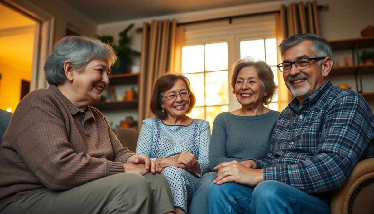 Famille multi-générationnelle dans un salon chaleureux, illustrant les bénéfices de l'entretien pour tous
