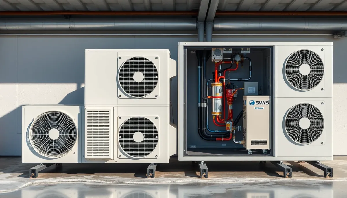 Comparaison entre une PAC air/eau monobloc et bibloc, montrant l'unité extérieure et le module intérieur