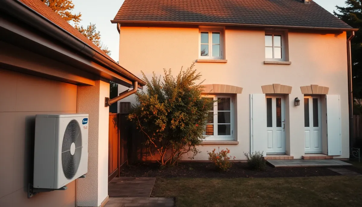 Maison individuelle équipée d'une pompe à chaleur air/eau monobloc près du garage