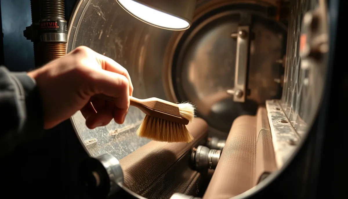 Nettoyage mécanique du corps de chauffe d'une chaudière à condensation avec une brosse