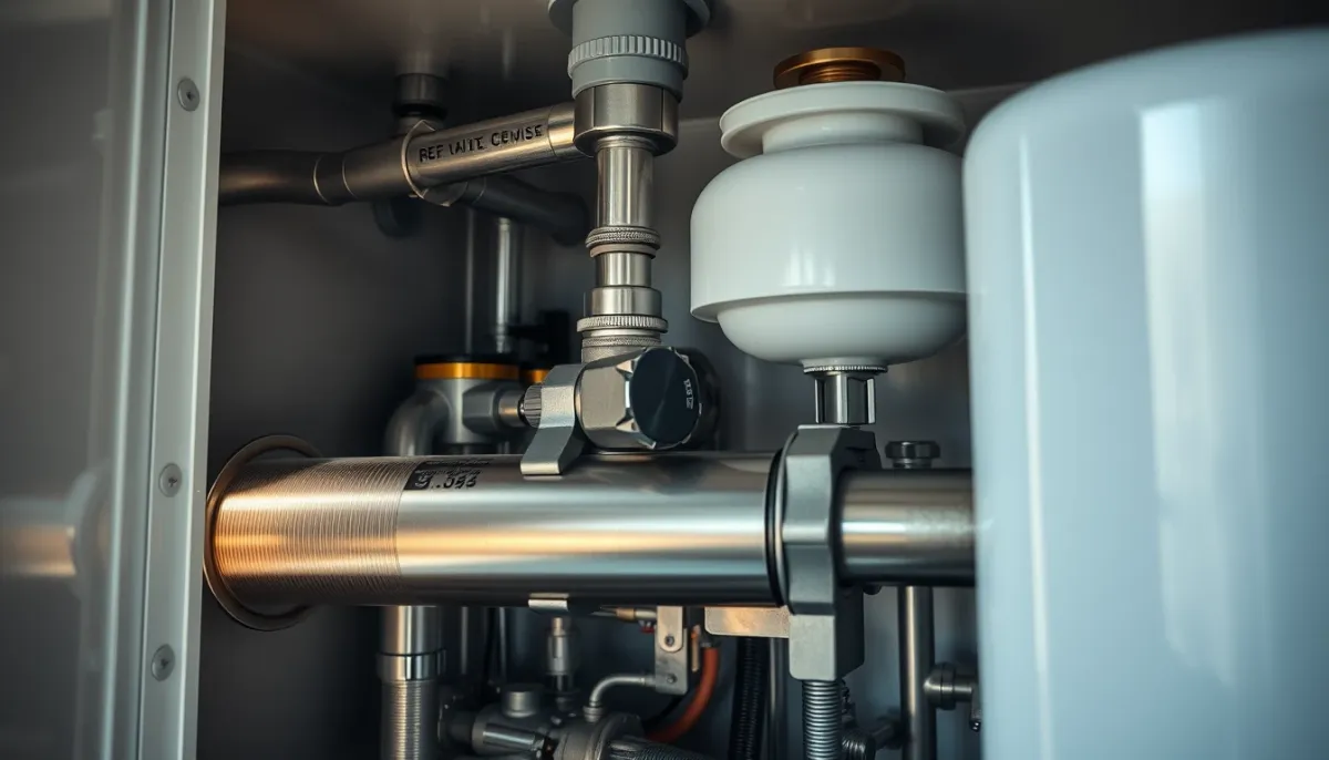 Gros plan sur les composants internes d'une chaudière à condensation, mettant en avant l'échangeur en acier inoxydable