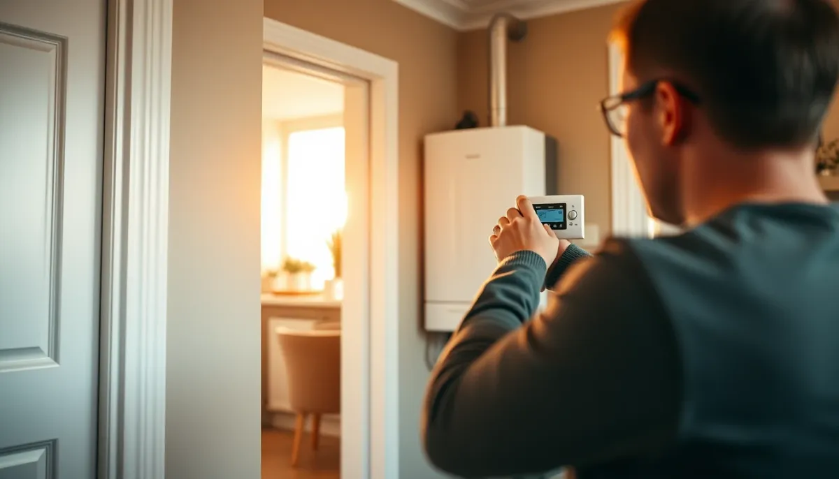 Personne réglant le thermostat d'une chaudière murale dans un intérieur domestique chaleureux