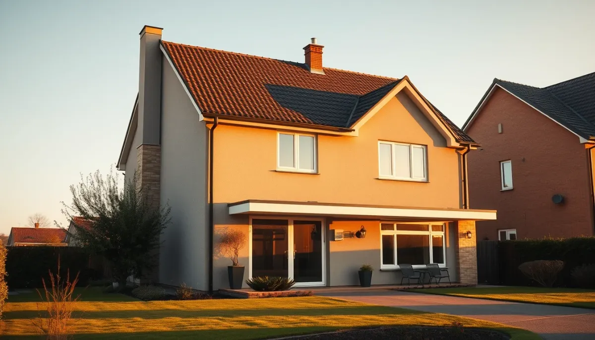 Maison individuelle de taille moyenne avec une chaudière à condensation, extérieur en golden hour