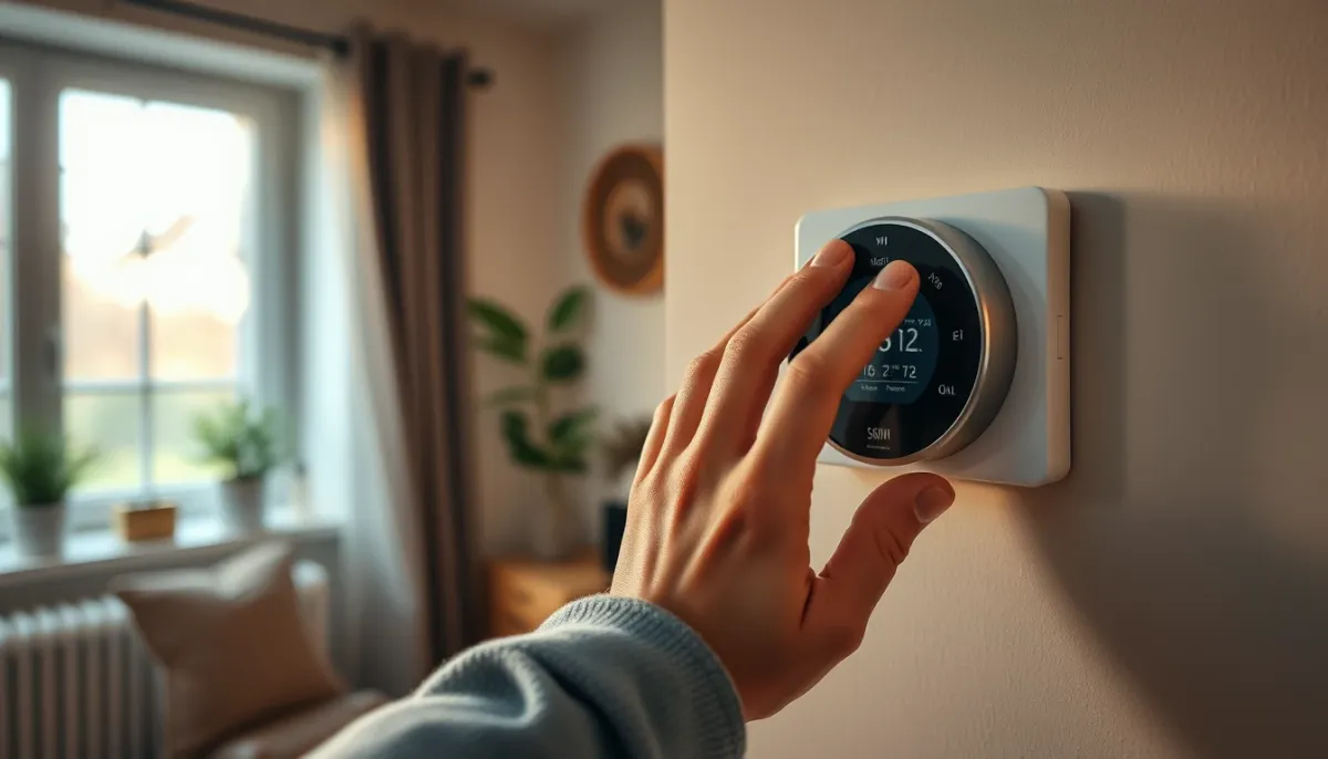 Propriétaire réglant le thermostat d'une pompe à chaleur Atlantic Alféa dans un salon