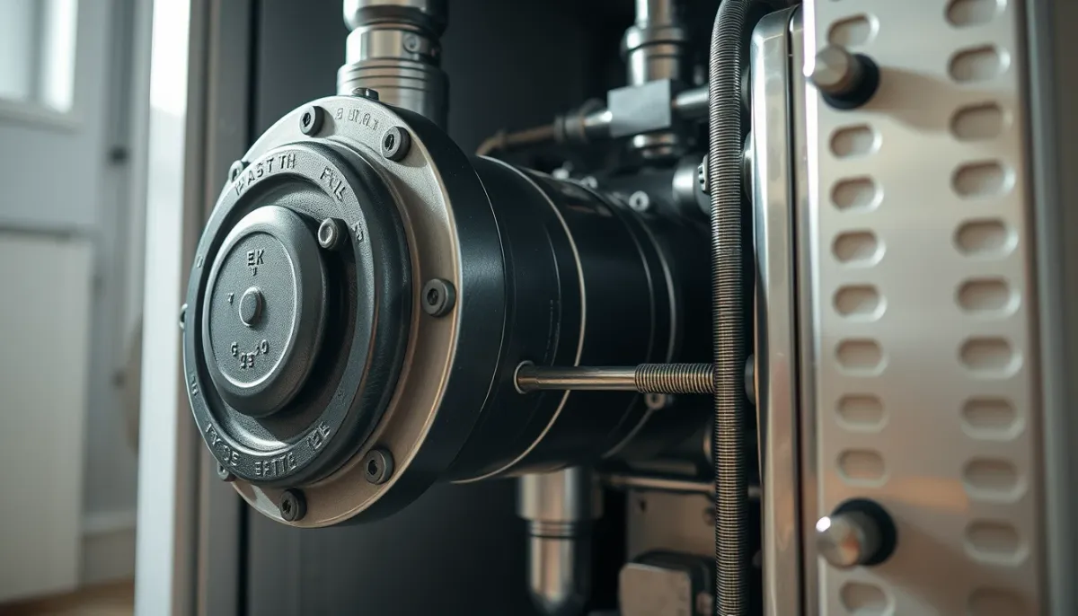Gros plan sur le corps de chauffe en fonte et l'échangeur inox d'une chaudière Frisquet Hydromotrix