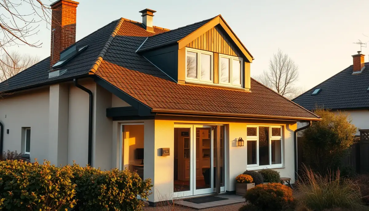 Maison familiale avec une chaudière Frisquet Hydromotrix installée, vue extérieure au coucher du soleil