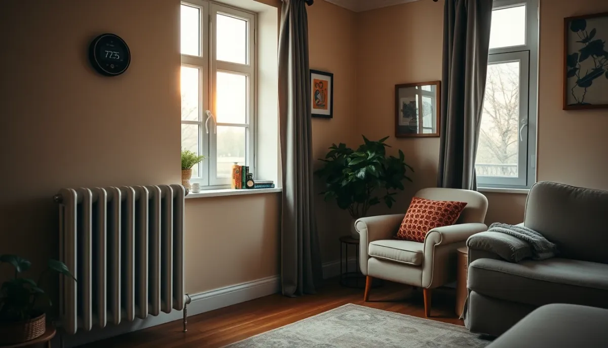 Salon confortable avec un radiateur et un thermostat, illustrant le confort quotidien d'une chaudière Frisquet