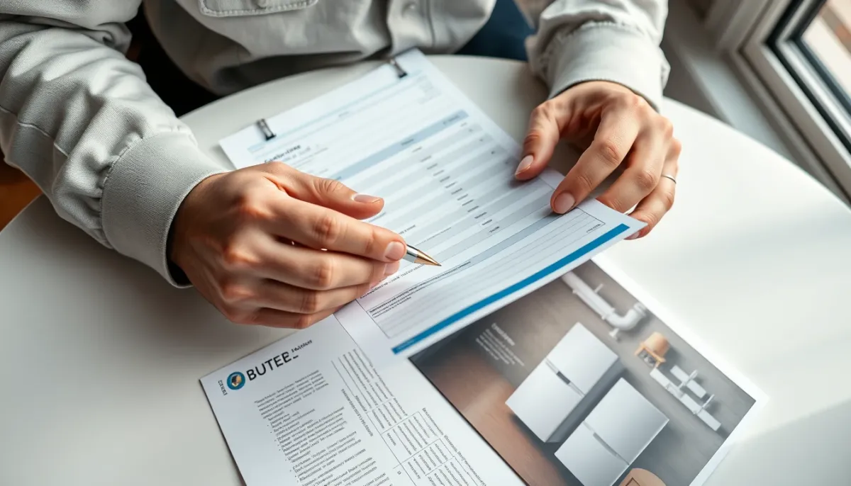 Devis et documentation technique pour une chaudière gaz Frisquet sur une table de travail
